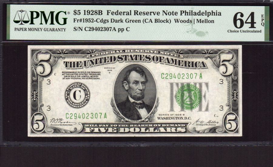 Fr.1952-C, 1928B $5 Philadelphia FRN, vCh.CU, PMG-64 EPQ